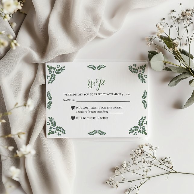Cartão RSVP Mexican Talavera Green Floral Minimalist Wedding (Mexican Talavera Green Floral Minimalist Wedding RSVP Card)