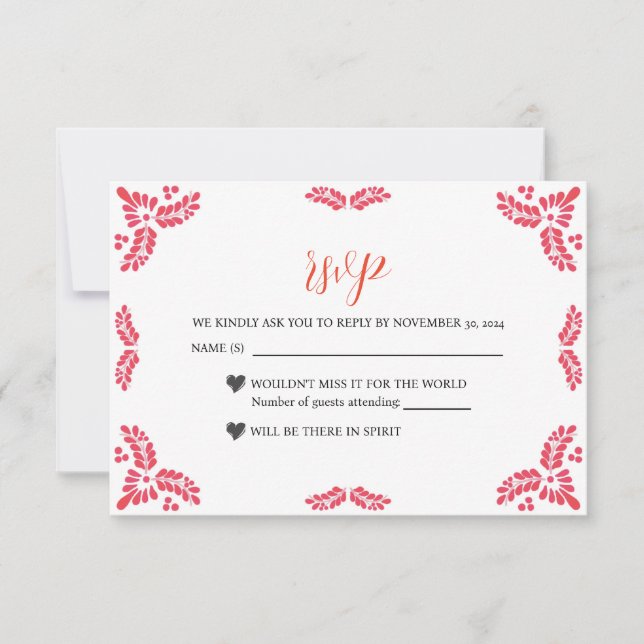 Cartão RSVP Mexican Talavera Orange Floral Minimalist Wedding (Frente)