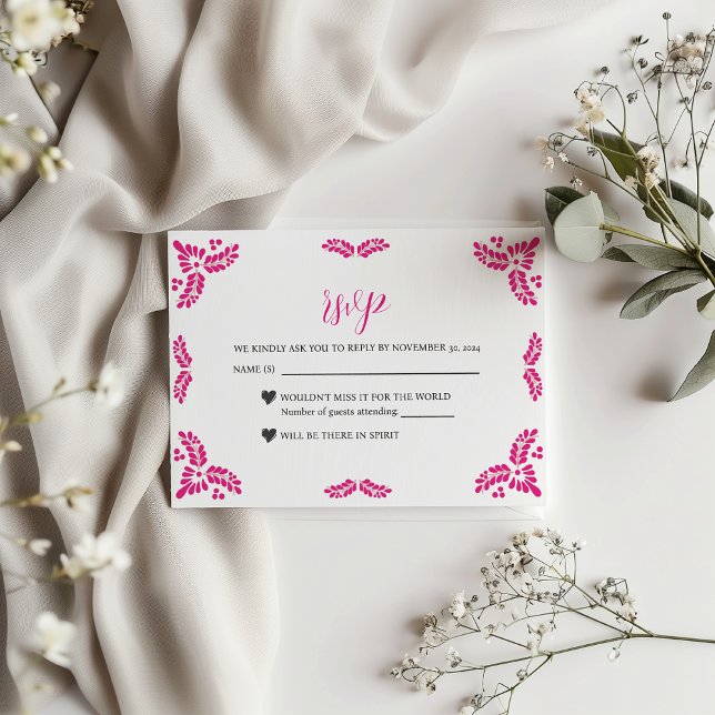 Cartão RSVP Mexican Talavera Pink Floral Minimalist Wedding (Mexican Talavera Pink Floral Minimalist Wedding RSVP Card)