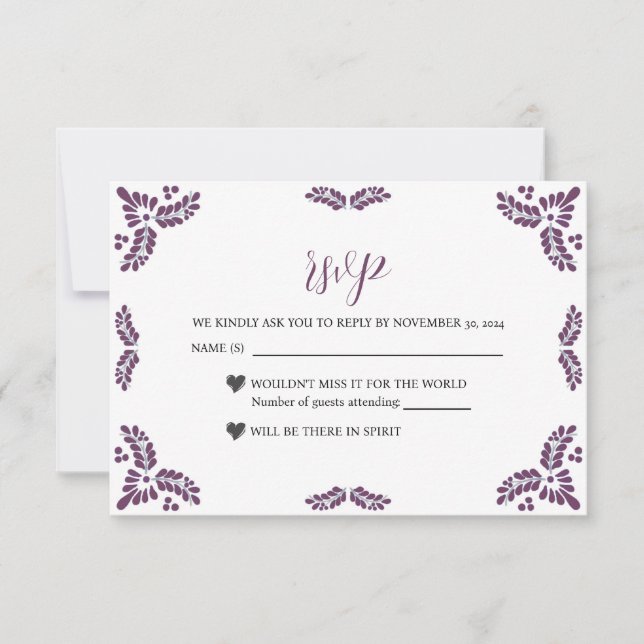 Cartão RSVP Mexican Talavera Purple Floral Minimalist Wedding (Frente)