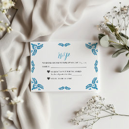 Cartão RSVP Mexican Talavera Turquoise Minimalist Wedding