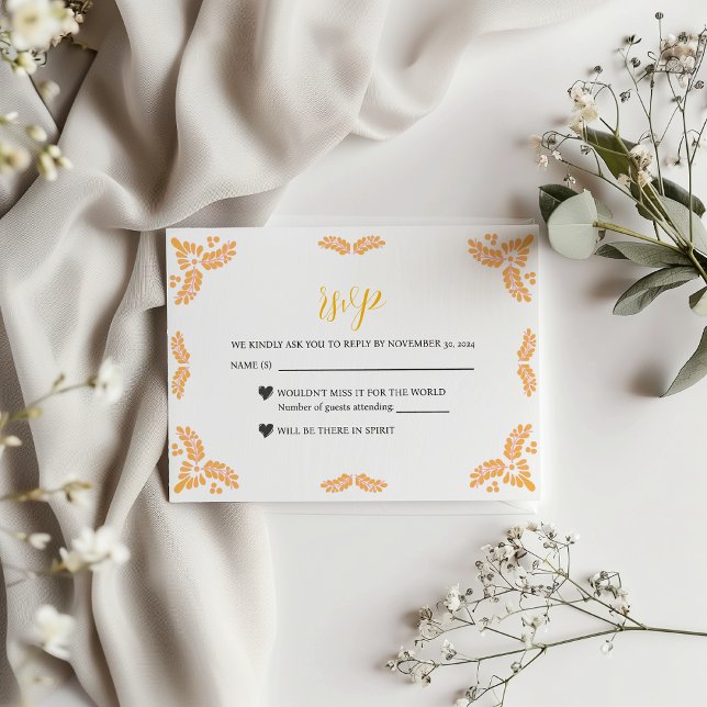 Cartão RSVP Mexican Talavera Yellow Floral Minimalist Wedding (Mexican Talavera Yellow Floral Minimalist Wedding RSVP Card)