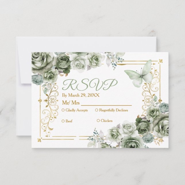 Cartão Rsvp Mexicano Quinceañera Dourado e Sage (Frente)