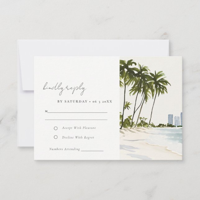 Cartão RSVP Miami Florida Palm Landscape Watercolor Wedding (Frente)