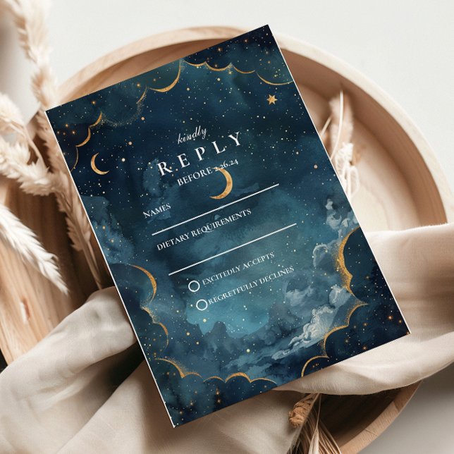 Cartão RSVP Midnight Constellation Floral Wedding (Criador carregado)