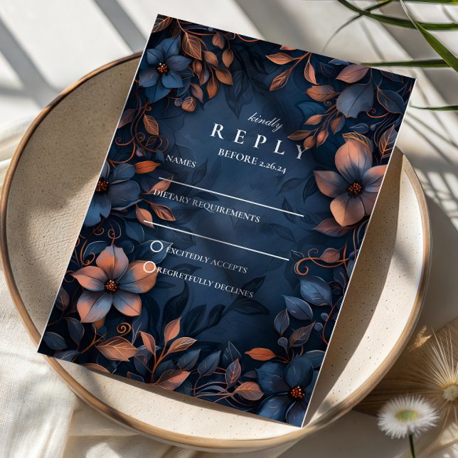 Cartão RSVP Midnight Copper Floral Wedding (Criador carregado)