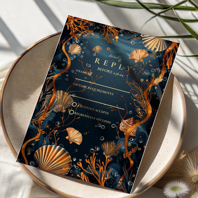 Cartão RSVP Midnight Deep Sea Gold Nautical Wedding (Criador carregado)