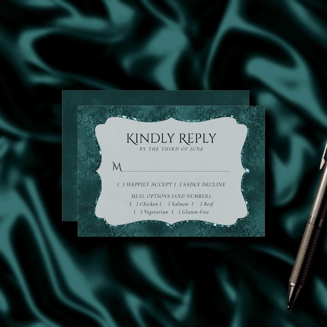 Cartão RSVP Midnight Teal Romance | Dark Satiny Damask Entree (Criador carregado)