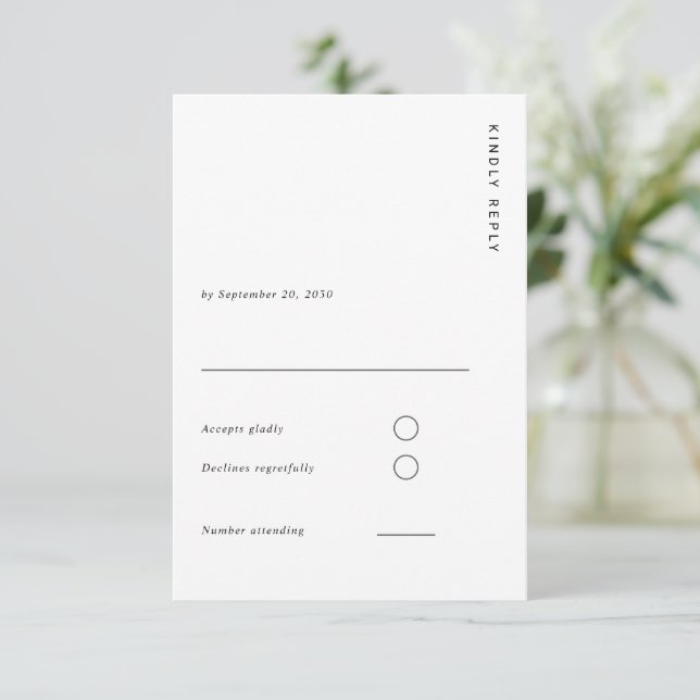 Cartão RSVP Minimal & Chic White Modern Simple Wedding (Em pé/Frente)