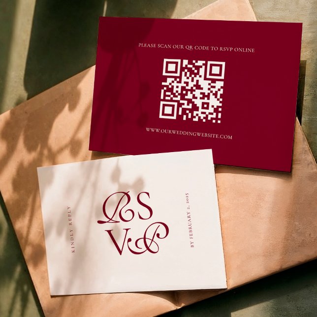 Cartão RSVP Minimal Deep Burgundy Script Qr Code Wedding (Criador carregado)