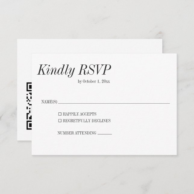 Cartão RSVP Minimal Elegant Black White Classic Wedding QR (Frente/Verso)