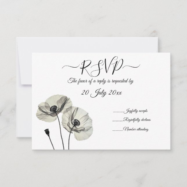 Cartão RSVP Minimalismo Elegante Simples Poppies Pretos e Bran (Frente)