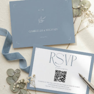Cartão RSVP Minimalist Dusty Blue Elegant Monogram Wedding 