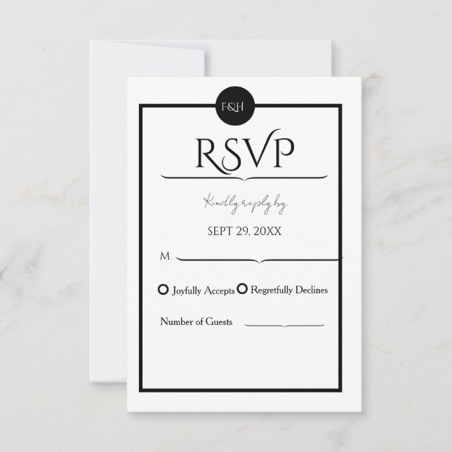 Cartão RSVP Minimalist Elegant Black & White Wedding (Frente)