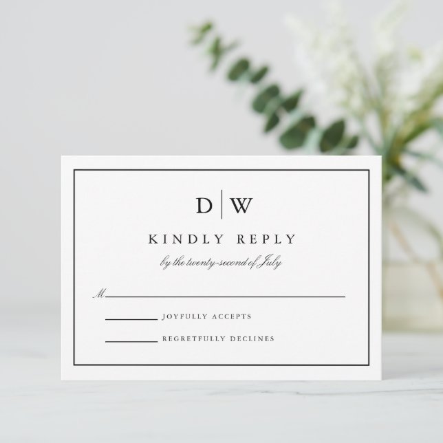 Cartão RSVP Minimalist Monogram Wedding (Em pé/Frente)