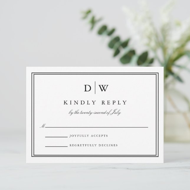 Cartão RSVP Minimalist Monogram Wedding (Em pé/Frente)