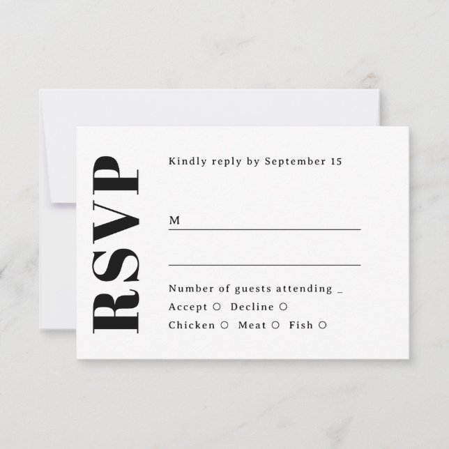 Cartão RSVP Minimalist Wedding. Black & White Clean Typography (Frente)
