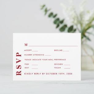 Cartão RSVP Mínimo de Casamento Branco e Vermelho Moderno Eleg