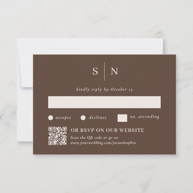 Cartão RSVP Mínimo e Chic Castanho | Tradicional e Código QR (Frente)