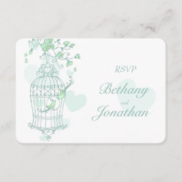 Cartão RSVP Mint Green Pássaros abertos para casamento em gaio
