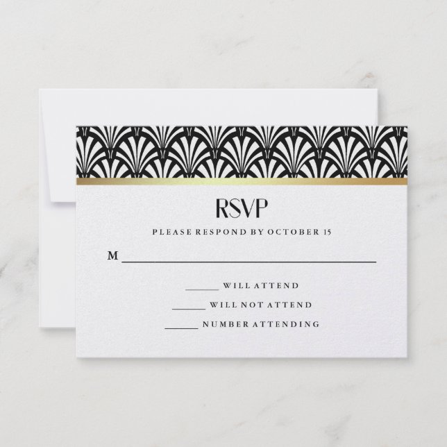 Cartão RSVP Modern Art Deco | VP de Casamento Negro e Branco (Frente)
