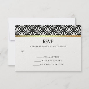 Cartão RSVP Modern Art Deco VP de Casamento Negro e Branco