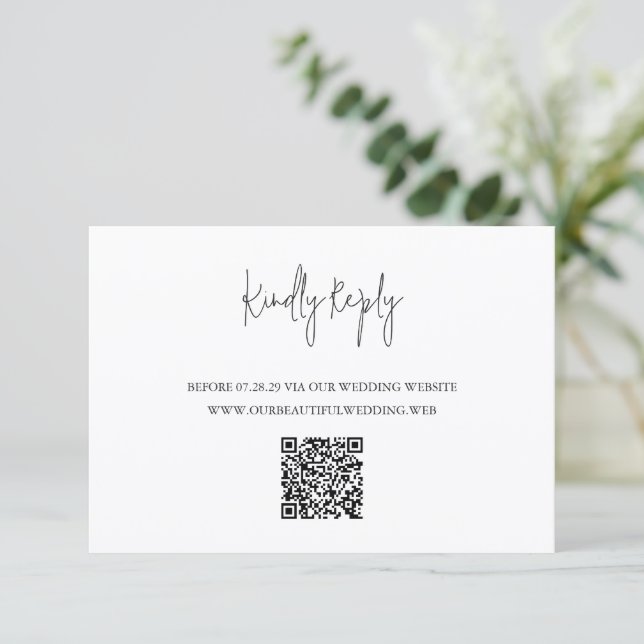 Cartão RSVP Modern Black and White QR Code Chic Wedding (Em pé/Frente)