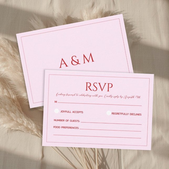 Cartão RSVP Modern blush pink and red minimalist wedding (Criador carregado)