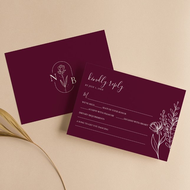 Cartão RSVP Modern Burgundy Boho Wedding Simple Elegant (Criador carregado)