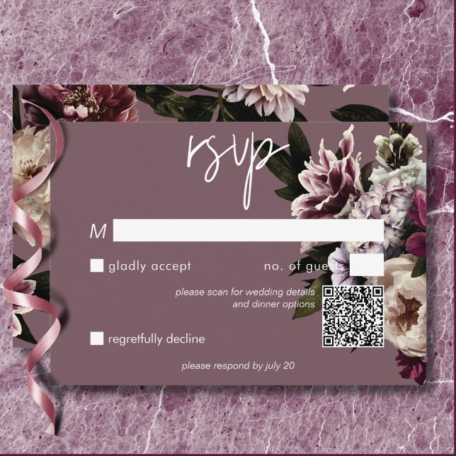 Cartão RSVP Modern Burgundy & Cream Peonies Floral Código QR (Modern Burgundy & Cream Peonies Floral QR Code RSVP Card)