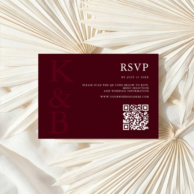 Cartão RSVP Modern Burgundy Monogram Minimalist Wedding (Criador carregado)