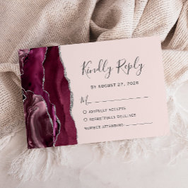 Cartão RSVP Modern Burgundy Silver Agate Blush Pink Wedding