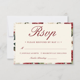 Cartão RSVP Modern Burgundy Vintage Ivory Floral Wedding