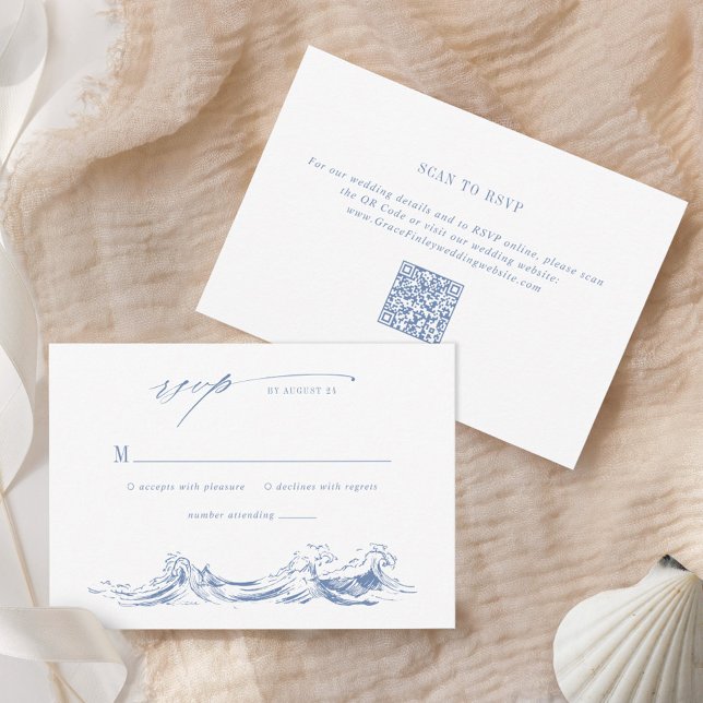 Cartão RSVP Modern Coastal Chic Blue QR Code Wedding (Criador carregado)