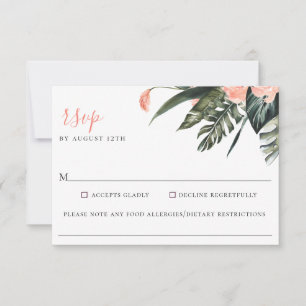 Cartão RSVP Modern Coral Tropics Alergia de Casamento Comida R