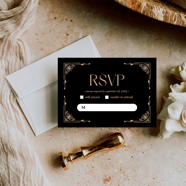 Cartão RSVP Modern Deco | Elegant Black and Gold Wedding (Criador carregado)