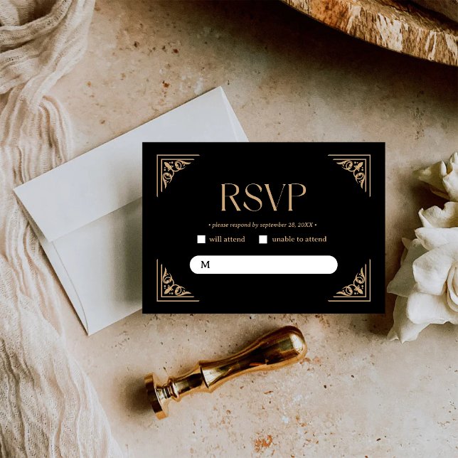 Cartão RSVP Modern Deco | Elegant Black and Gold Wedding (Criador carregado)
