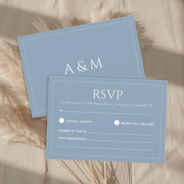 Cartão RSVP Modern dusty blue minimalist wedding (Criador carregado)