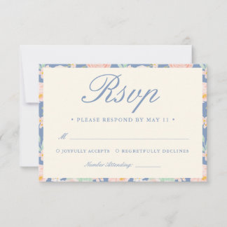 Cartão RSVP Modern Dusty Blue Vintage Ivory Floral Wedding
