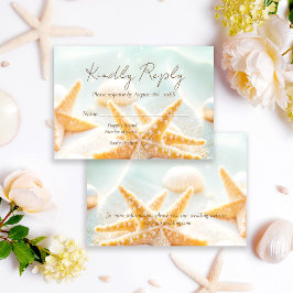 Cartão RSVP Modern Elegant Starfish Shells Ocean Beach Wedding