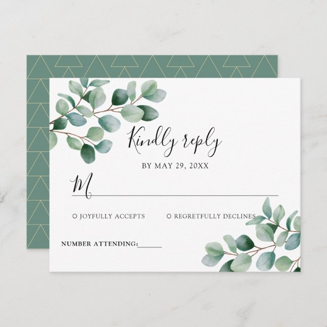 Cartão RSVP Modern Eucalyptus Greenery Wedding (Frente/Verso)