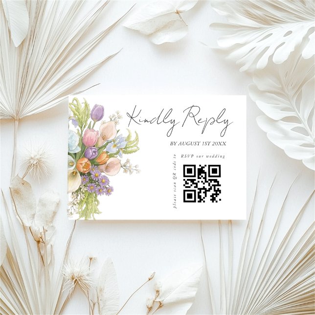 Cartão RSVP Modern Floral Wedding QR code  (Criador carregado)
