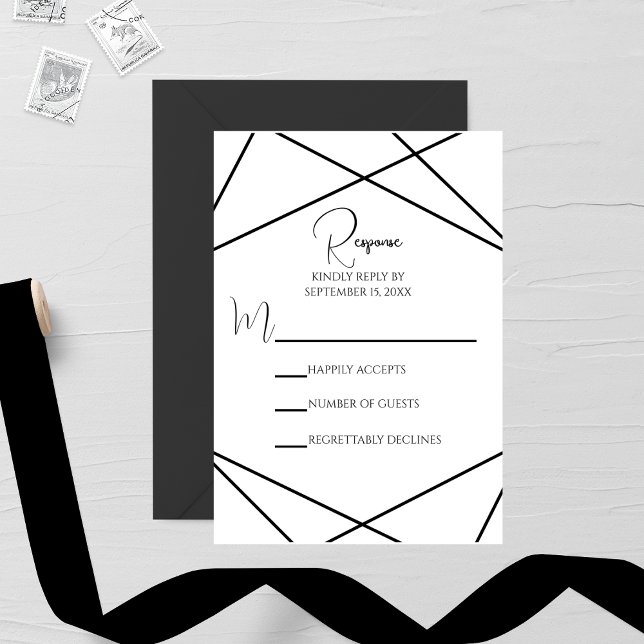 Cartão RSVP Modern Geometric Black and White Wedding (Criador carregado)
