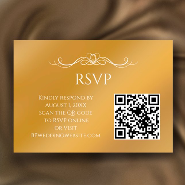 Cartão RSVP Modern Gold Gradient Custom QR Code Wedding (Customize this faux gold gradient RSVP card with your QR code and elegant calligraphy script.)
