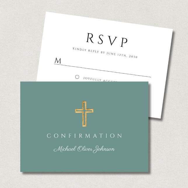 Cartão RSVP Modern Green Religious Cross Boy Confirmation (Modern Green Religious Cross Boy Confirmation RSVP Card)