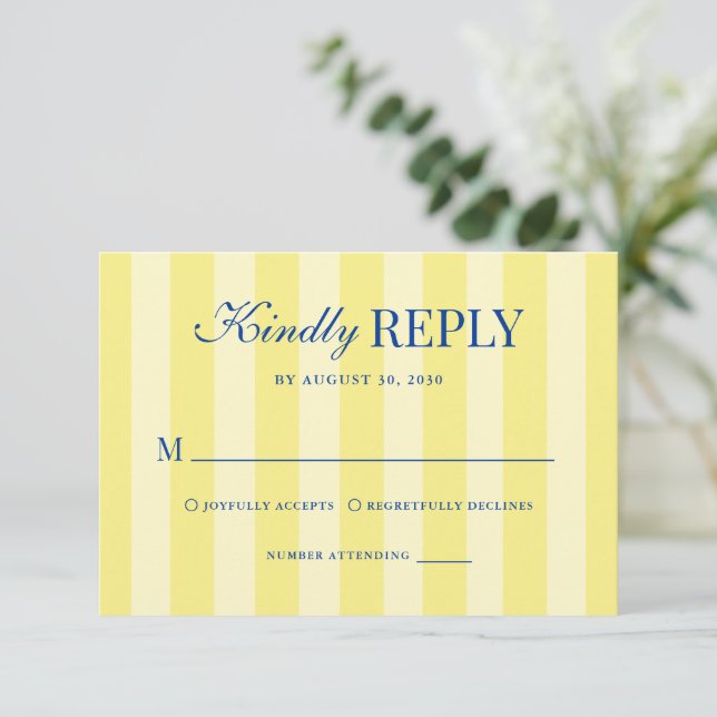 Cartão RSVP Modern Italian Striped Blue & Yellow Wedding (Em pé/Frente)