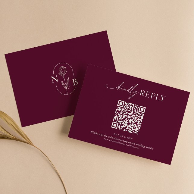 Cartão RSVP Modern Minimal Burgundy Boho Wedding QR Code (Criador carregado)