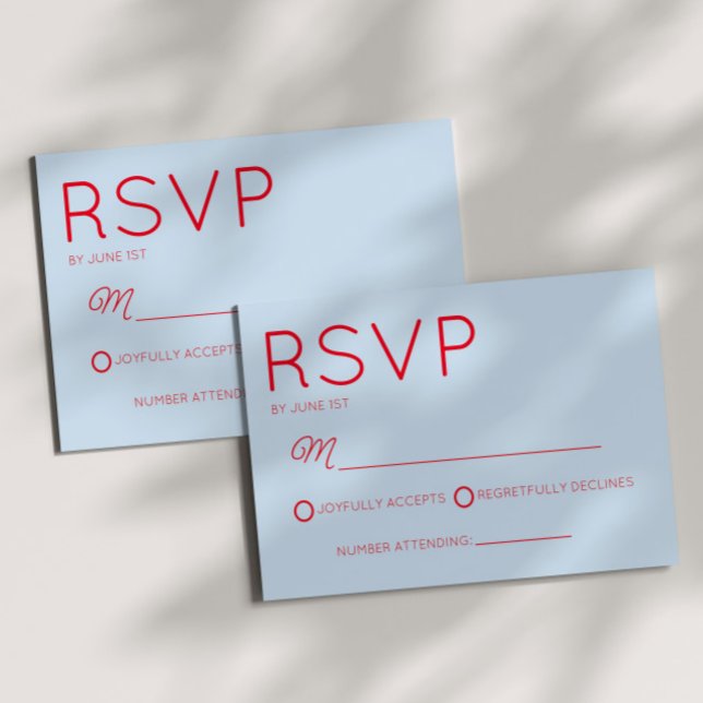 Cartão RSVP Modern Minimal Minimalist Red Blue Wedding (Criador carregado)