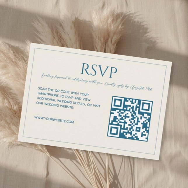 Cartão RSVP Modern minimalist beige blue QR code wedding  (Criador carregado)