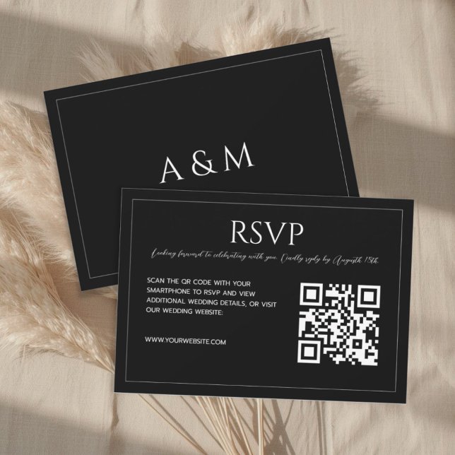 Cartão RSVP Modern minimalist black and white QR code wedding  (Criador carregado)